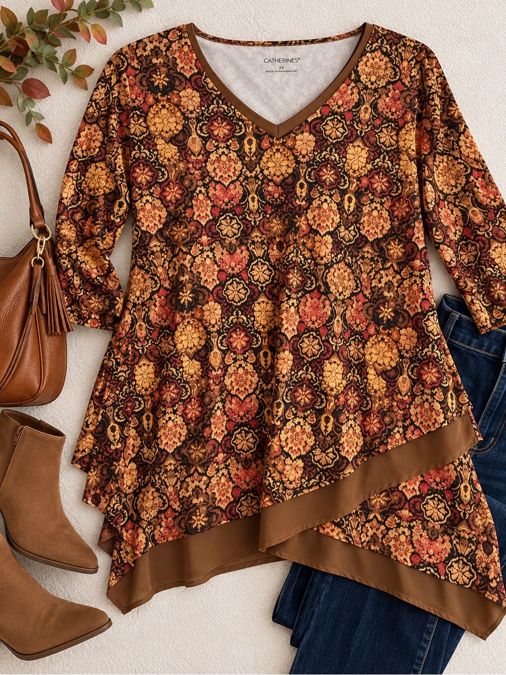 Catherines Multicolor Autumn Medallion V-Neck Layered Tunic